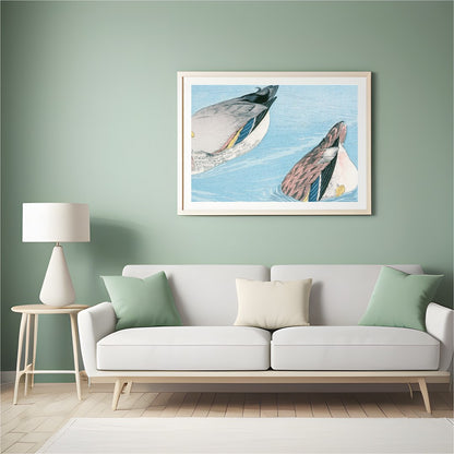 Experience the tranquility of nature with this captivating artwork featuring two ducks gracefully for Hall