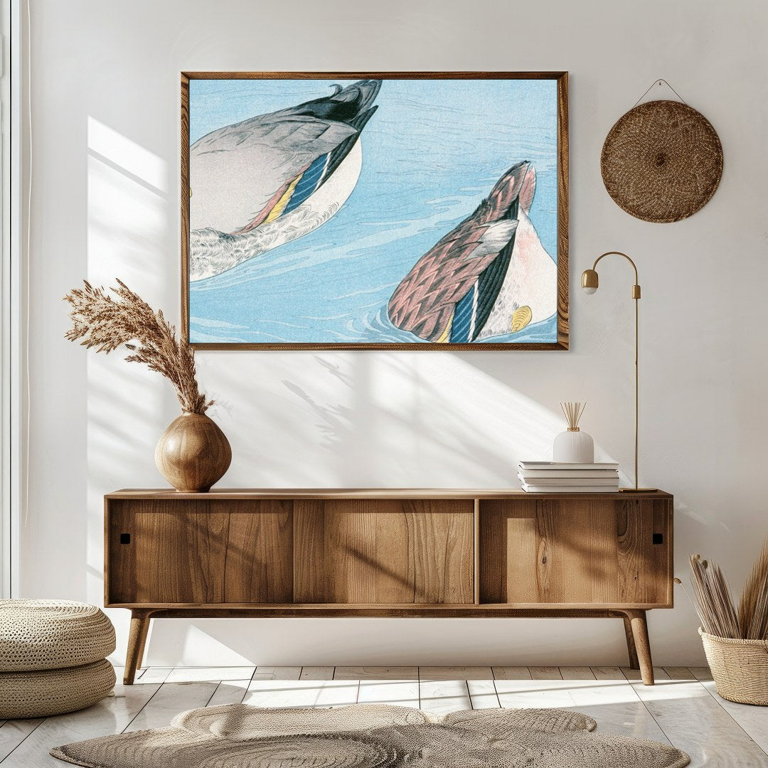 Experience the tranquility of nature with this captivating artwork featuring two ducks gracefully for Sitting Area