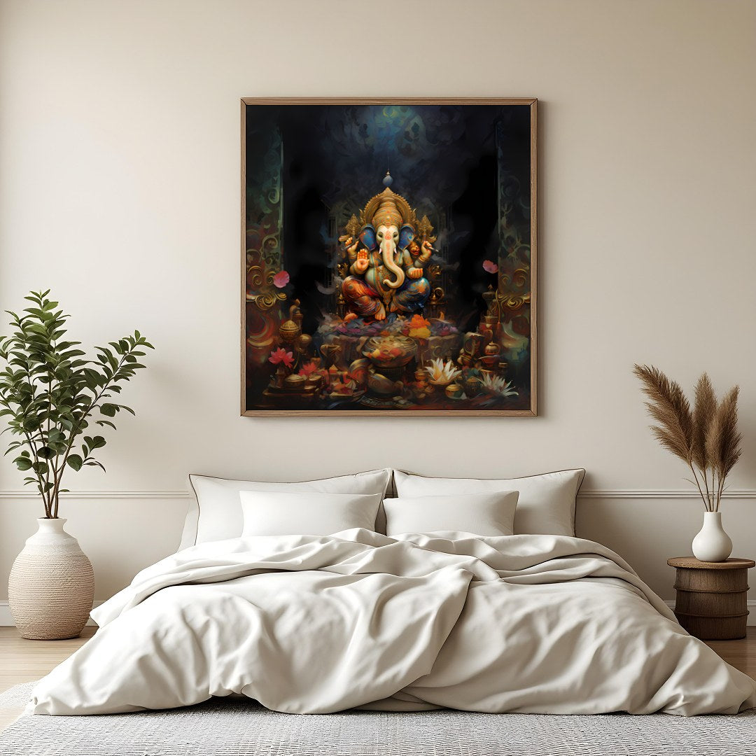 This stunning piece of art captures the serene and intricate beauty of a divine elephant figure, for Bedroom