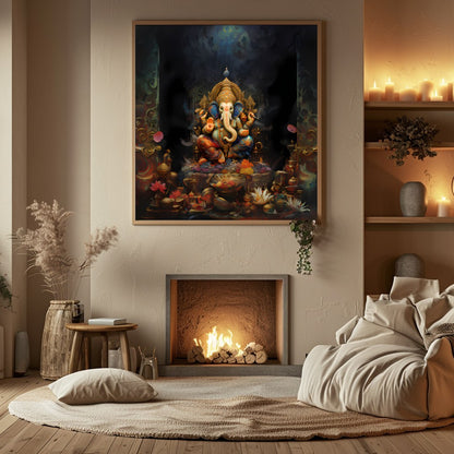 This stunning piece of art captures the serene and intricate beauty of a divine elephant figure, for Hall