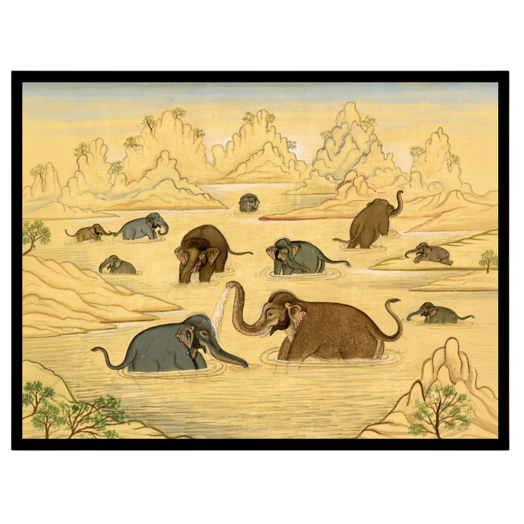 This exquisite art piece captures the gentle majesty of elephants enjoying a tranquil bath in an for decor