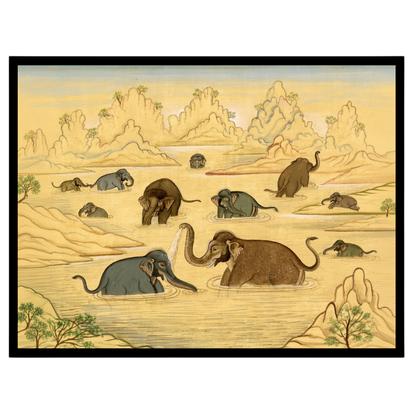 This exquisite art piece captures the gentle majesty of elephants enjoying a tranquil bath in an for decor
