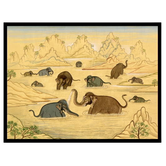 This exquisite art piece captures the gentle majesty of elephants enjoying a tranquil bath in an for decor