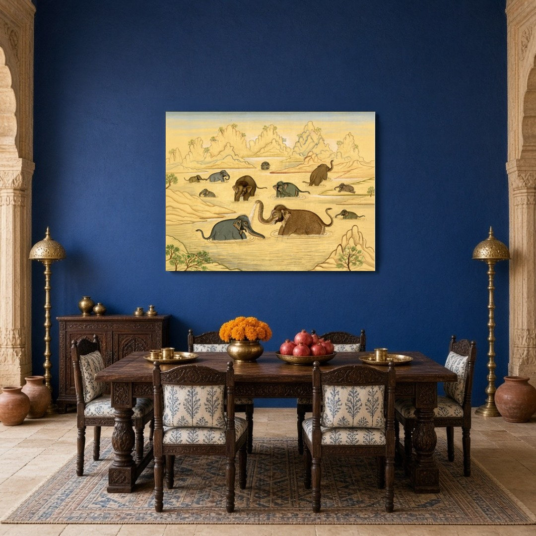 This exquisite art piece captures the gentle majesty of elephants enjoying a tranquil bath in an for Dining