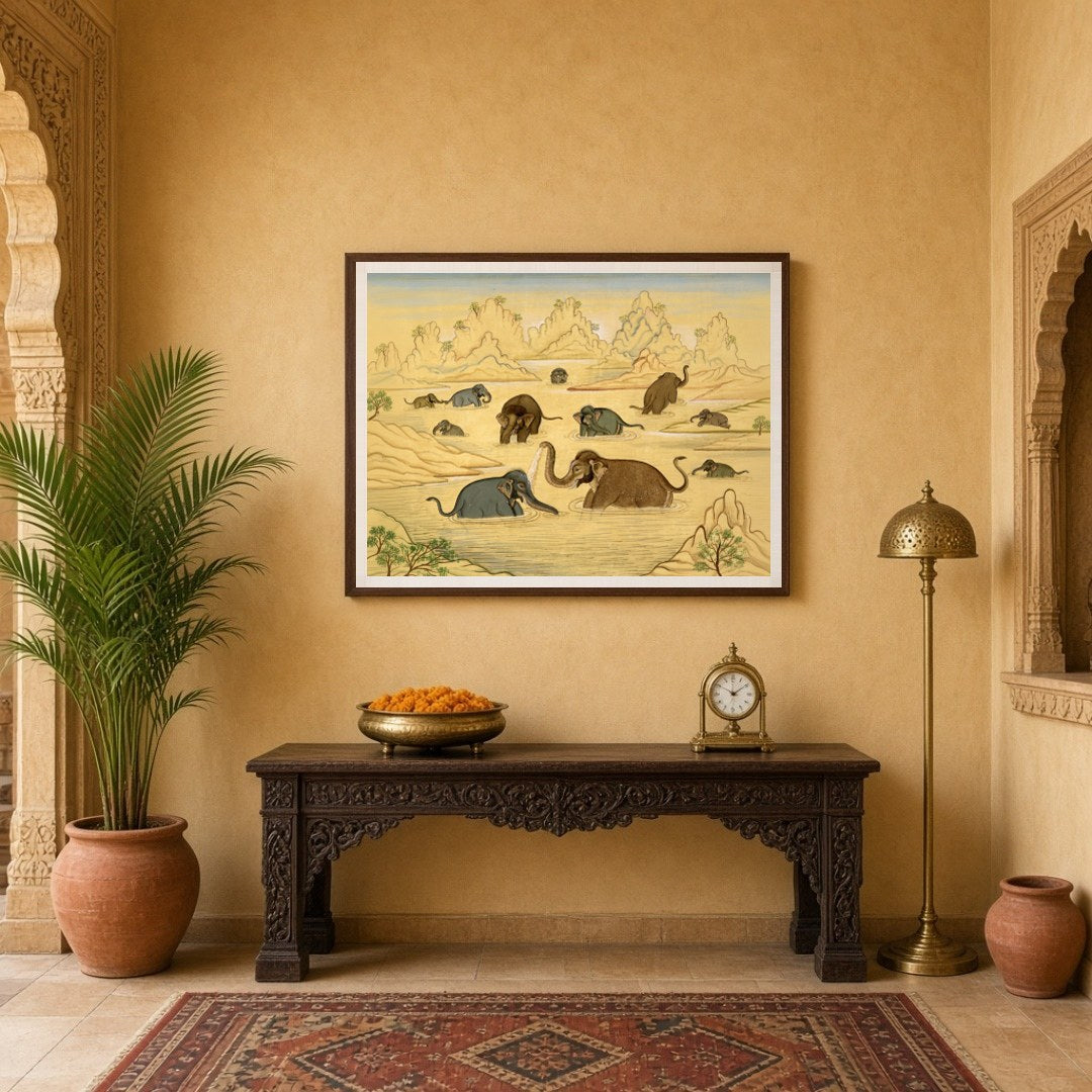 This exquisite art piece captures the gentle majesty of elephants enjoying a tranquil bath in an for Entrance