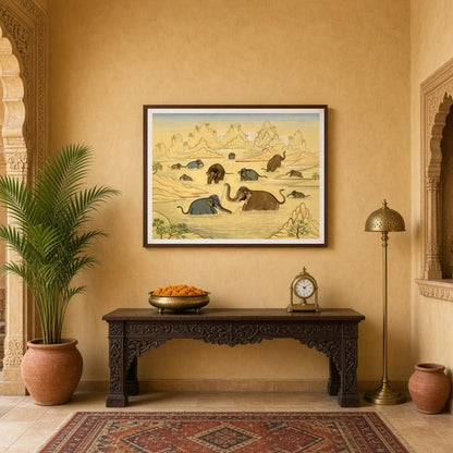 This exquisite art piece captures the gentle majesty of elephants enjoying a tranquil bath in an for Entrance