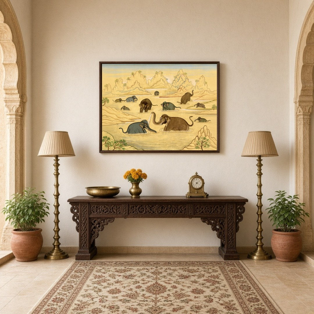 This exquisite art piece captures the gentle majesty of elephants enjoying a tranquil bath in an for Hallway