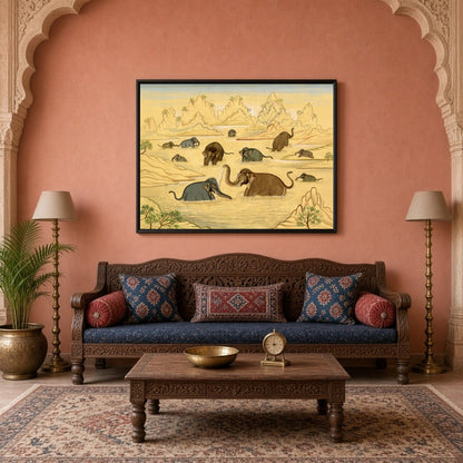 This exquisite art piece captures the gentle majesty of elephants enjoying a tranquil bath in an for Living Room