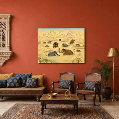 This exquisite art piece captures the gentle majesty of elephants enjoying a tranquil bath in an for Sitting Area
