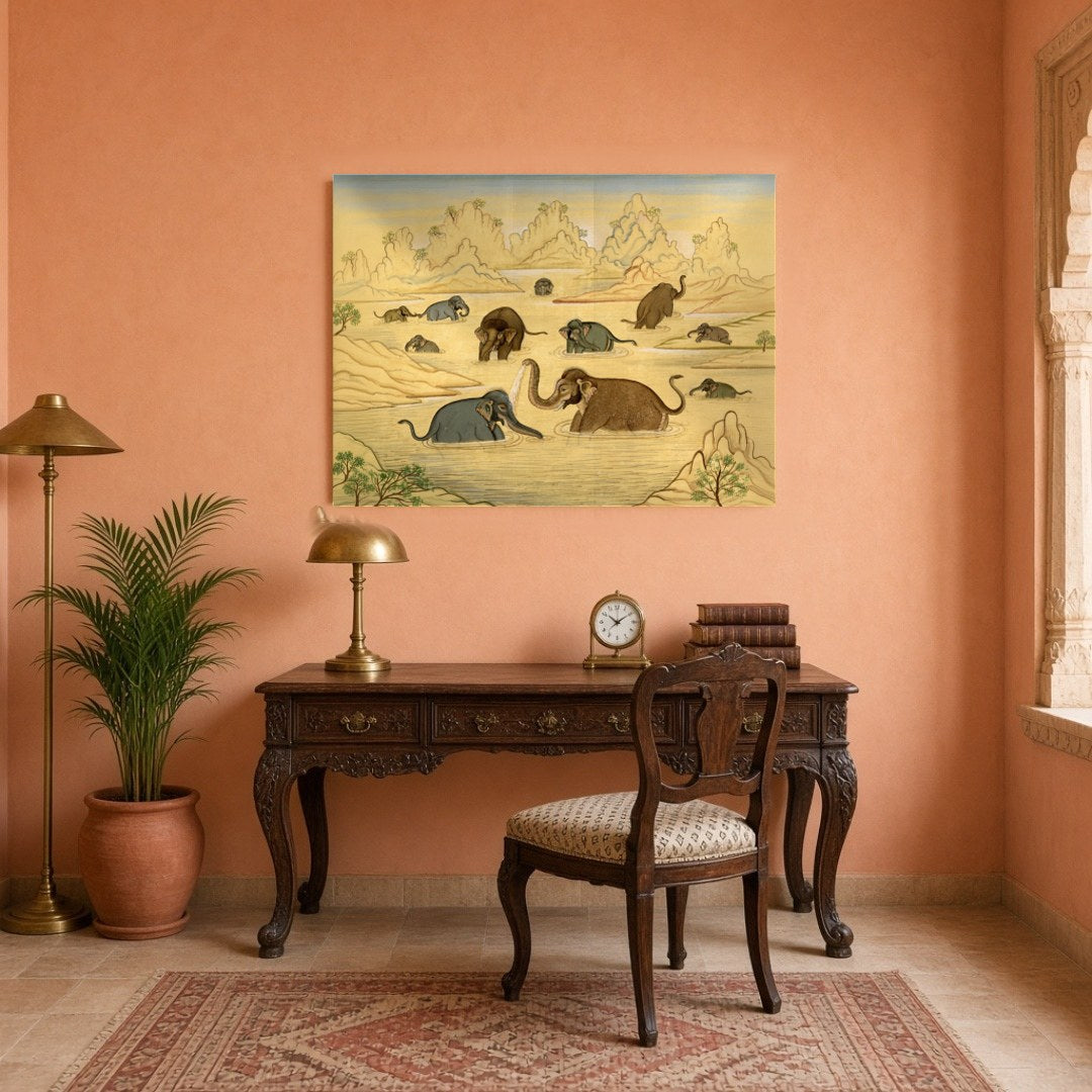 This exquisite art piece captures the gentle majesty of elephants enjoying a tranquil bath in an for Study