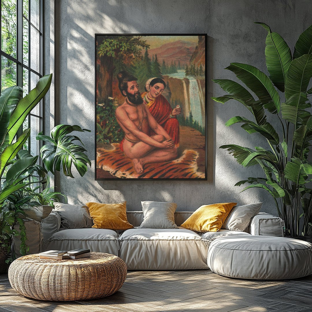 This artwork beautifully captures a tranquil moment set against a majestic waterfall and lush for Balcony