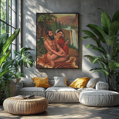 This artwork beautifully captures a tranquil moment set against a majestic waterfall and lush for Balcony