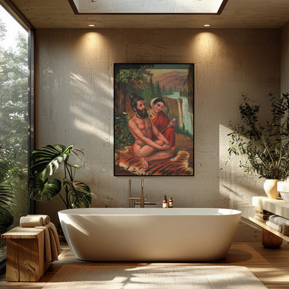 This artwork beautifully captures a tranquil moment set against a majestic waterfall and lush for Bathroom