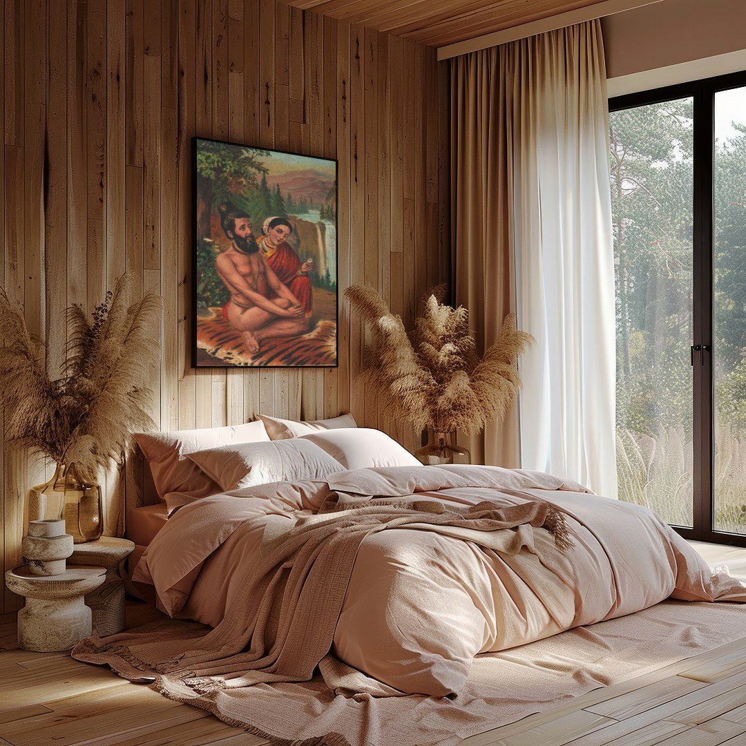 This artwork beautifully captures a tranquil moment set against a majestic waterfall and lush for Bedroom