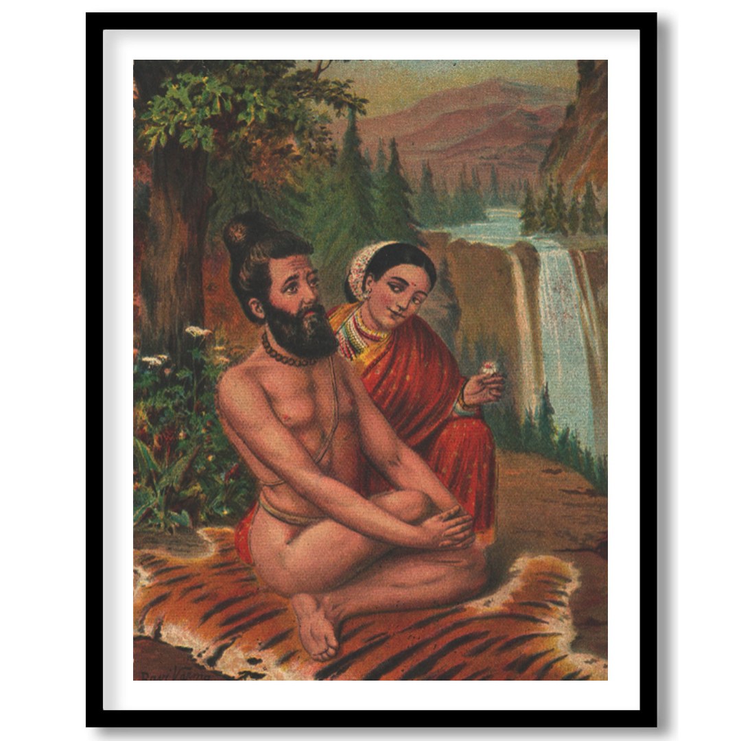 This artwork beautifully captures a tranquil moment set against a majestic waterfall and lush for dwelling