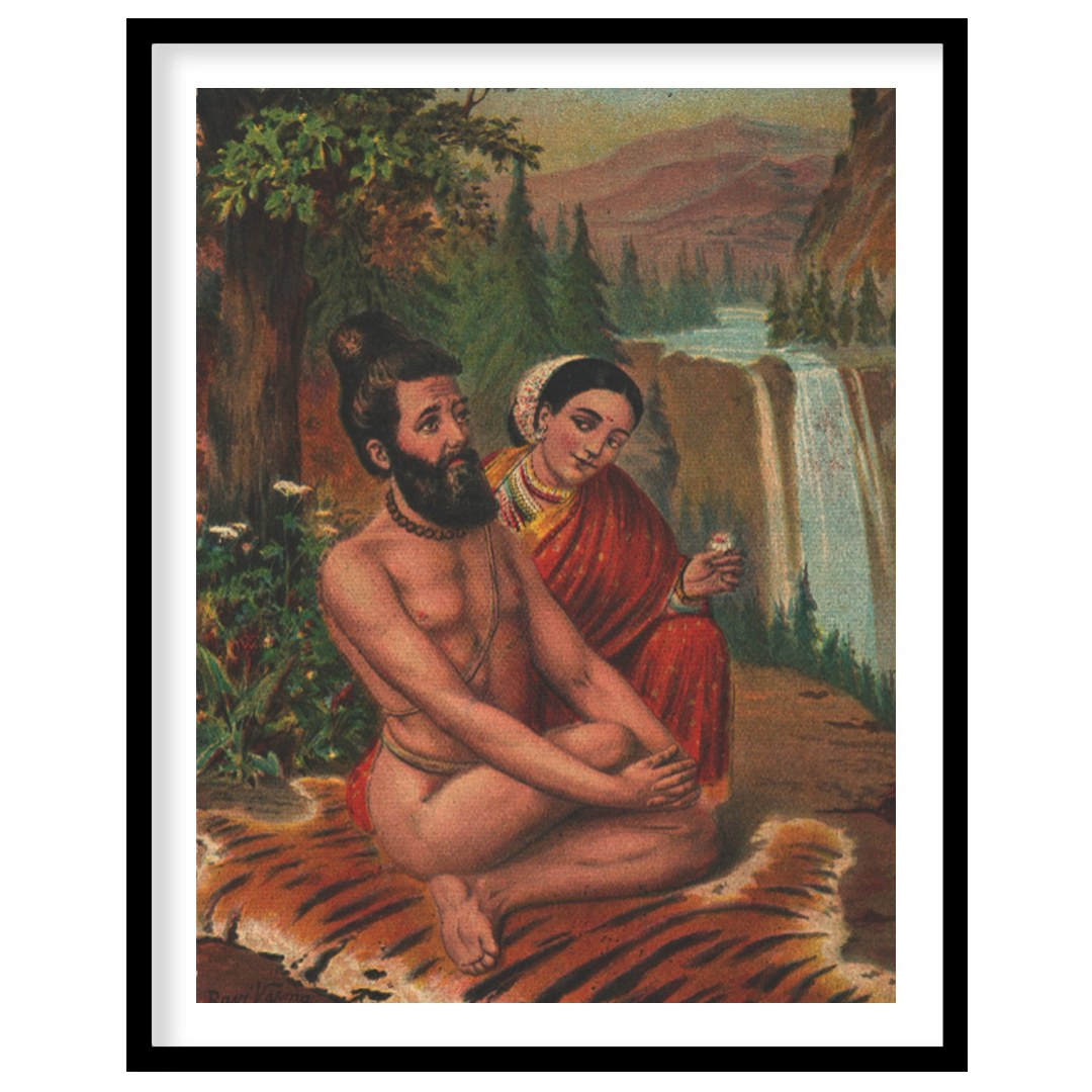 This artwork beautifully captures a tranquil moment set against a majestic waterfall and lush for dwelling