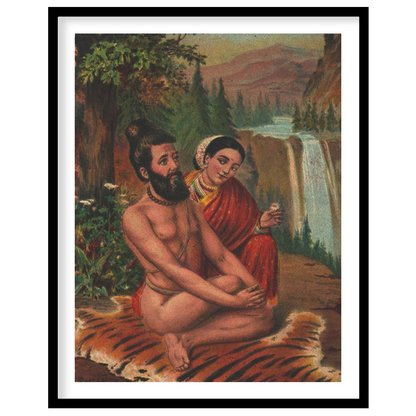 This artwork beautifully captures a tranquil moment set against a majestic waterfall and lush for dwelling