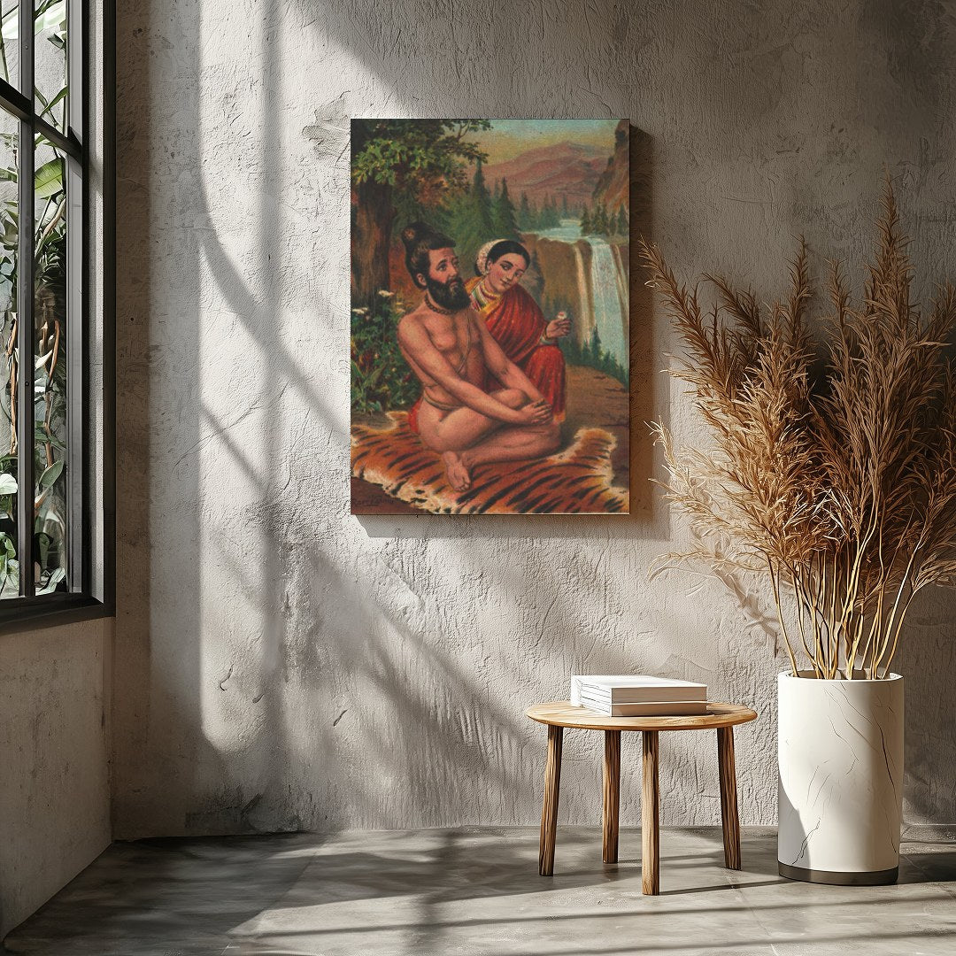 This artwork beautifully captures a tranquil moment set against a majestic waterfall and lush for Entrance