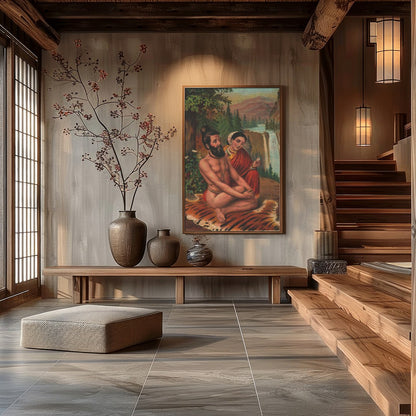 This artwork beautifully captures a tranquil moment set against a majestic waterfall and lush for Hall