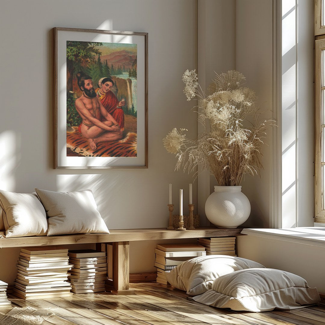 This artwork beautifully captures a tranquil moment set against a majestic waterfall and lush for house