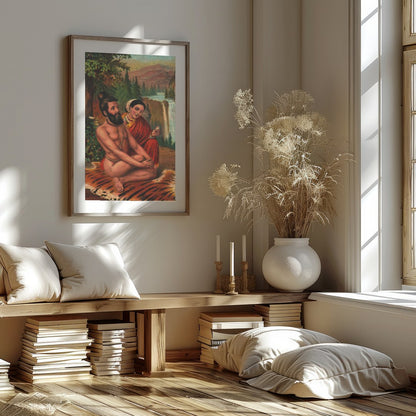 This artwork beautifully captures a tranquil moment set against a majestic waterfall and lush for house