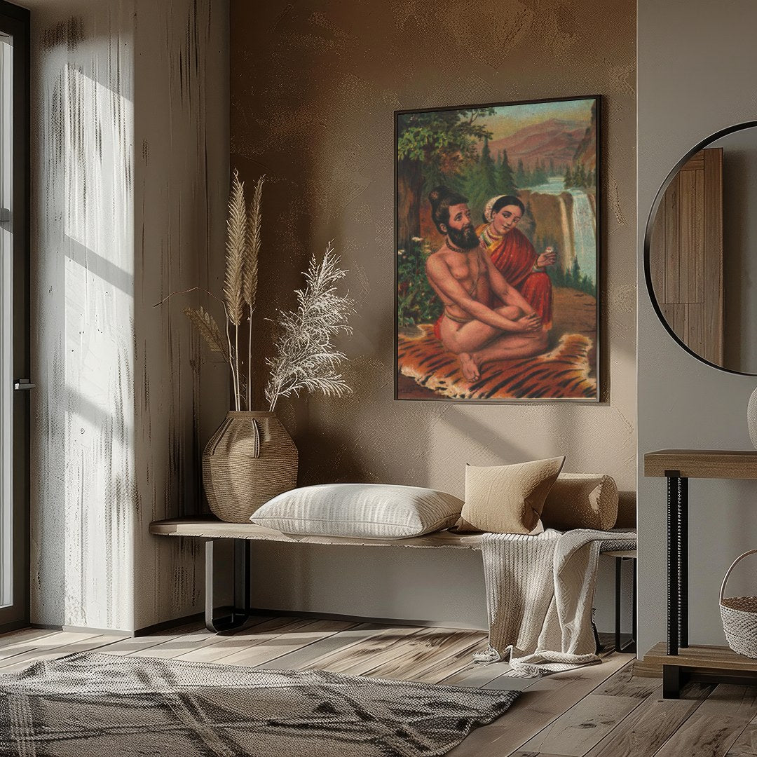 This artwork beautifully captures a tranquil moment set against a majestic waterfall and lush for place