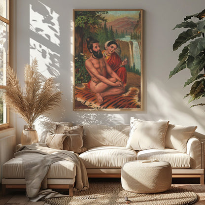 This artwork beautifully captures a tranquil moment set against a majestic waterfall and lush for Sitting Area