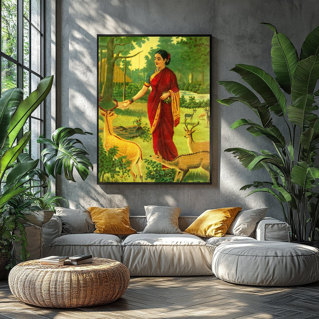 This captivating artwork portrays a serene scene of a village woman in a vibrant red saree, for Balcony