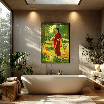 This captivating artwork portrays a serene scene of a village woman in a vibrant red saree, for Bathroom