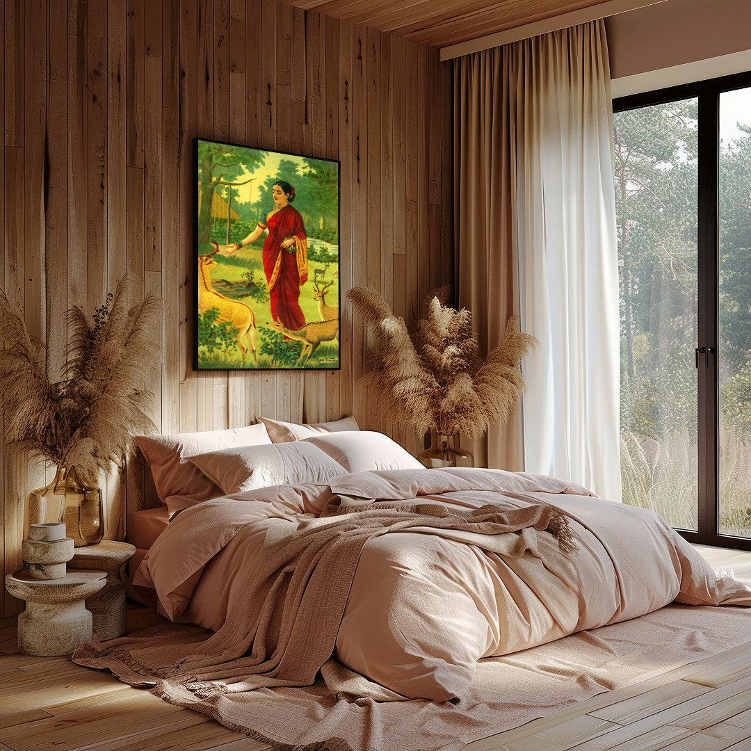 This captivating artwork portrays a serene scene of a village woman in a vibrant red saree, for Bedroom