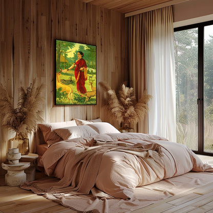 This captivating artwork portrays a serene scene of a village woman in a vibrant red saree, for Bedroom
