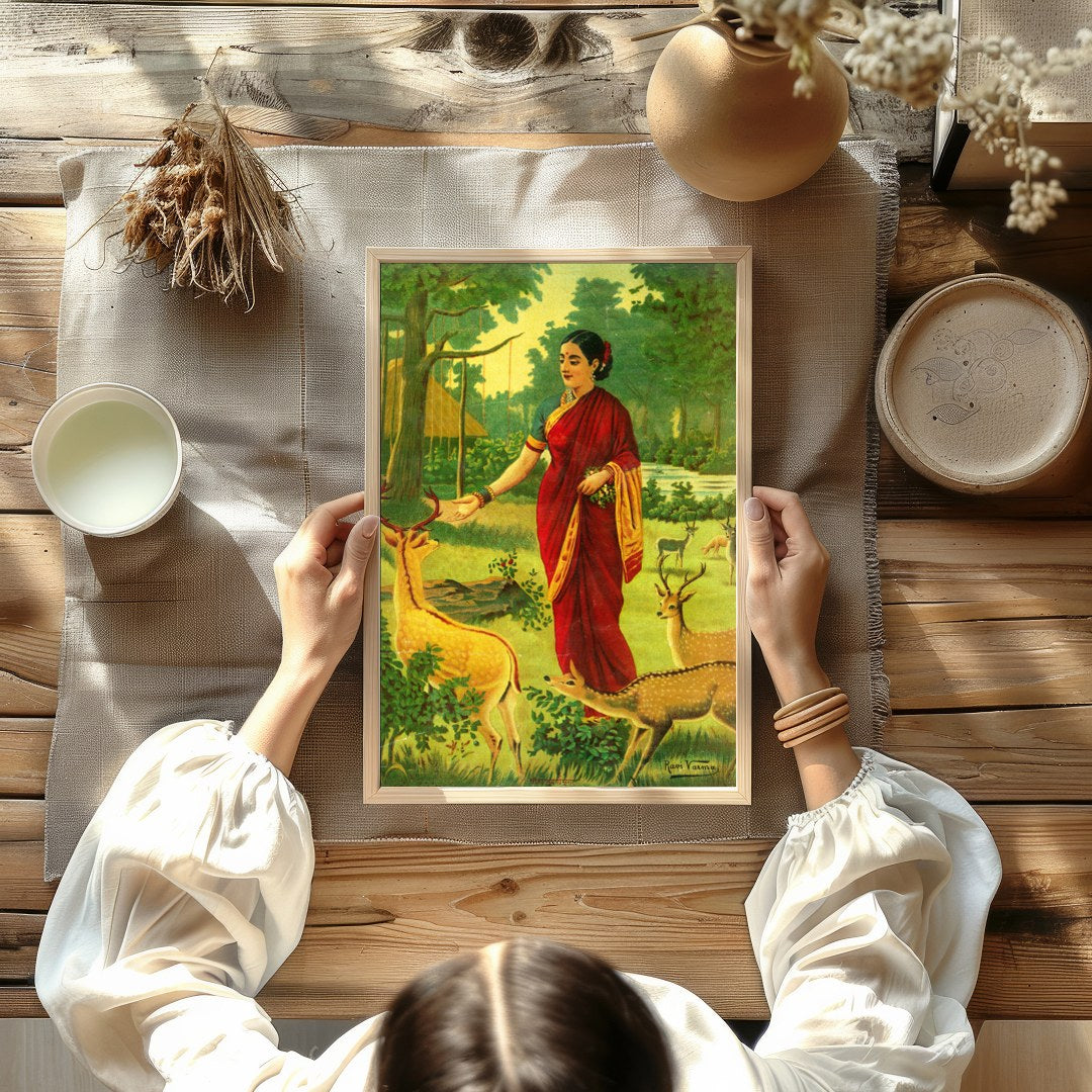 This captivating artwork portrays a serene scene of a village woman in a vibrant red saree, for decor