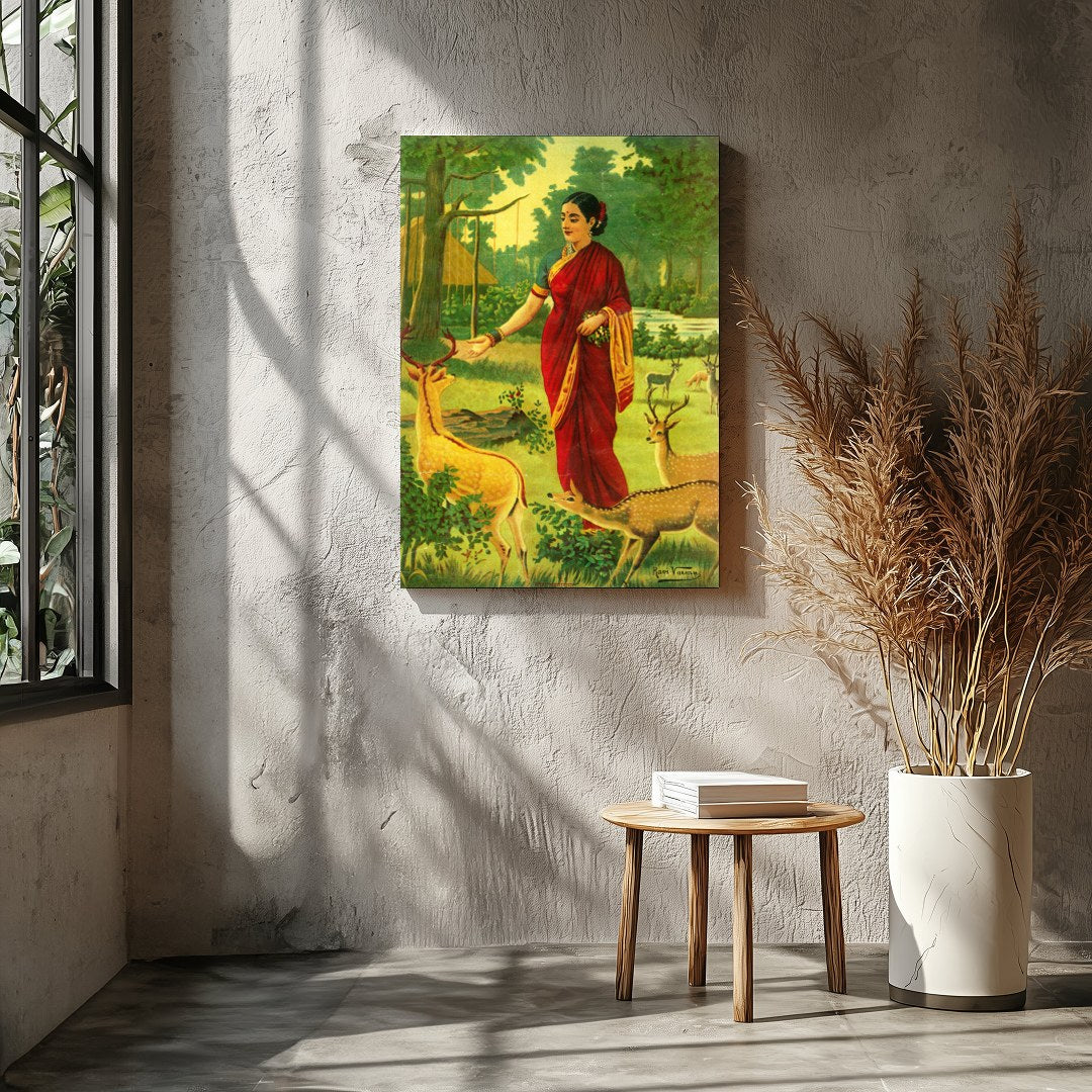 This captivating artwork portrays a serene scene of a village woman in a vibrant red saree, for Entrance
