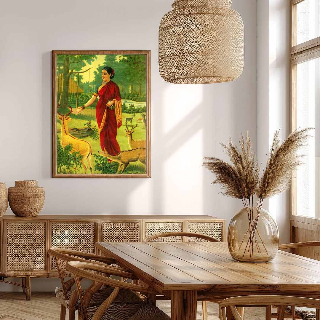 This captivating artwork portrays a serene scene of a village woman in a vibrant red saree, for Extra Kitchen