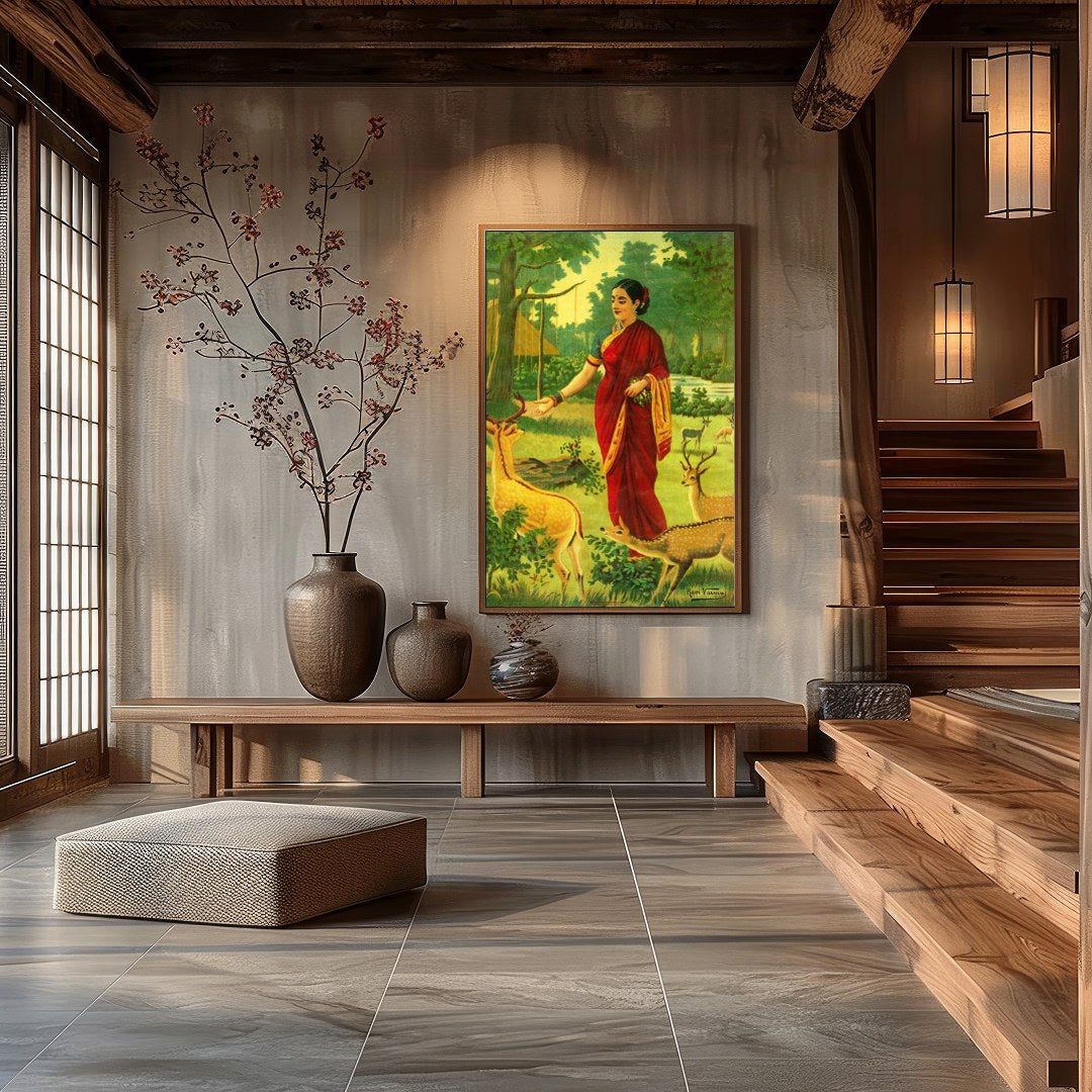This captivating artwork portrays a serene scene of a village woman in a vibrant red saree, for Hall