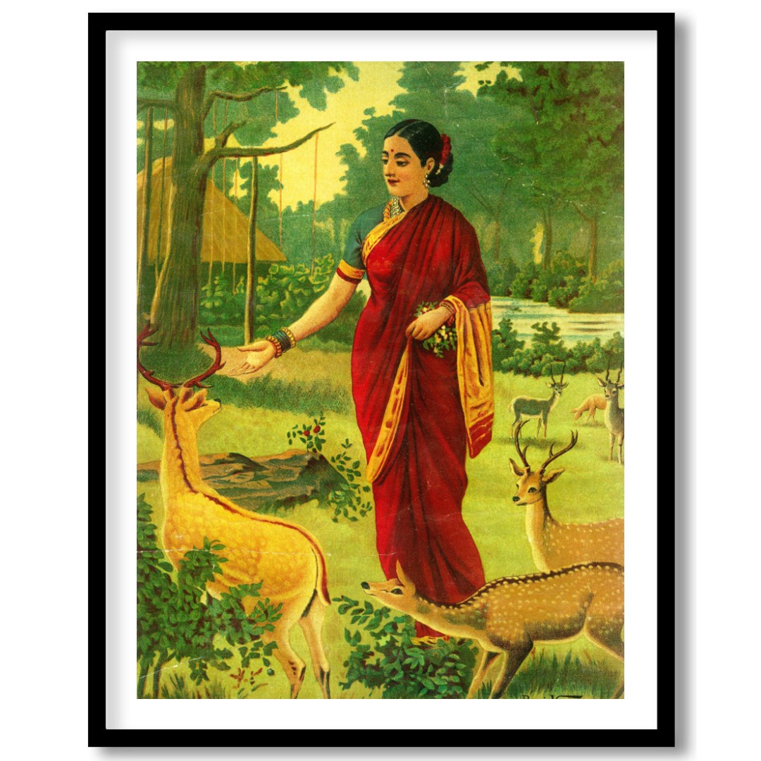 This captivating artwork portrays a serene scene of a village woman in a vibrant red saree, for interior