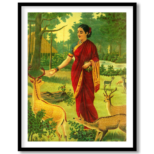 This captivating artwork portrays a serene scene of a village woman in a vibrant red saree, for interior