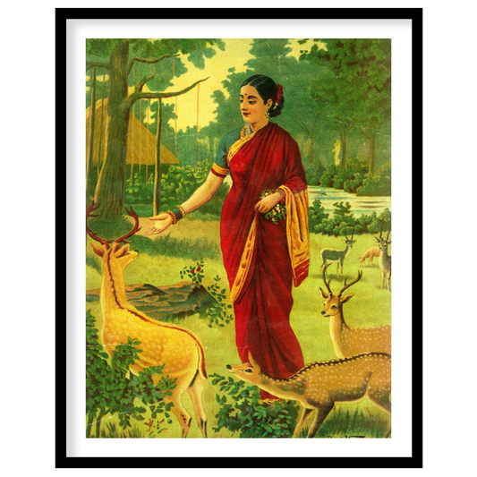 This captivating artwork portrays a serene scene of a village woman in a vibrant red saree, for interior