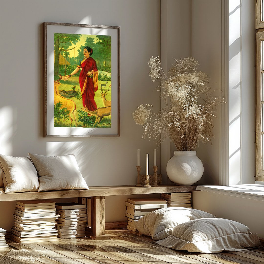 This captivating artwork portrays a serene scene of a village woman in a vibrant red saree, for kitchen