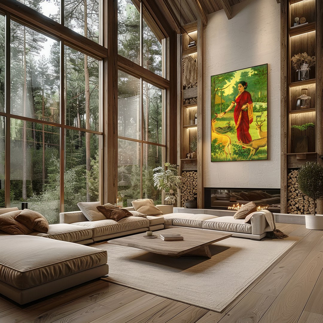 This captivating artwork portrays a serene scene of a village woman in a vibrant red saree, for Living Room