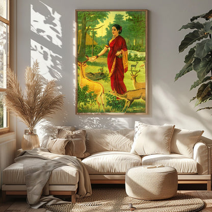 This captivating artwork portrays a serene scene of a village woman in a vibrant red saree, for Sitting Area