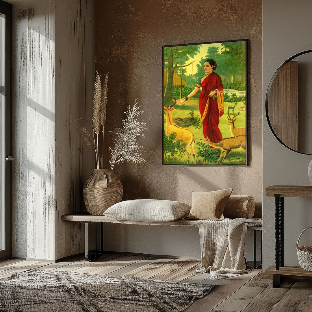 This captivating artwork portrays a serene scene of a village woman in a vibrant red saree, for studio