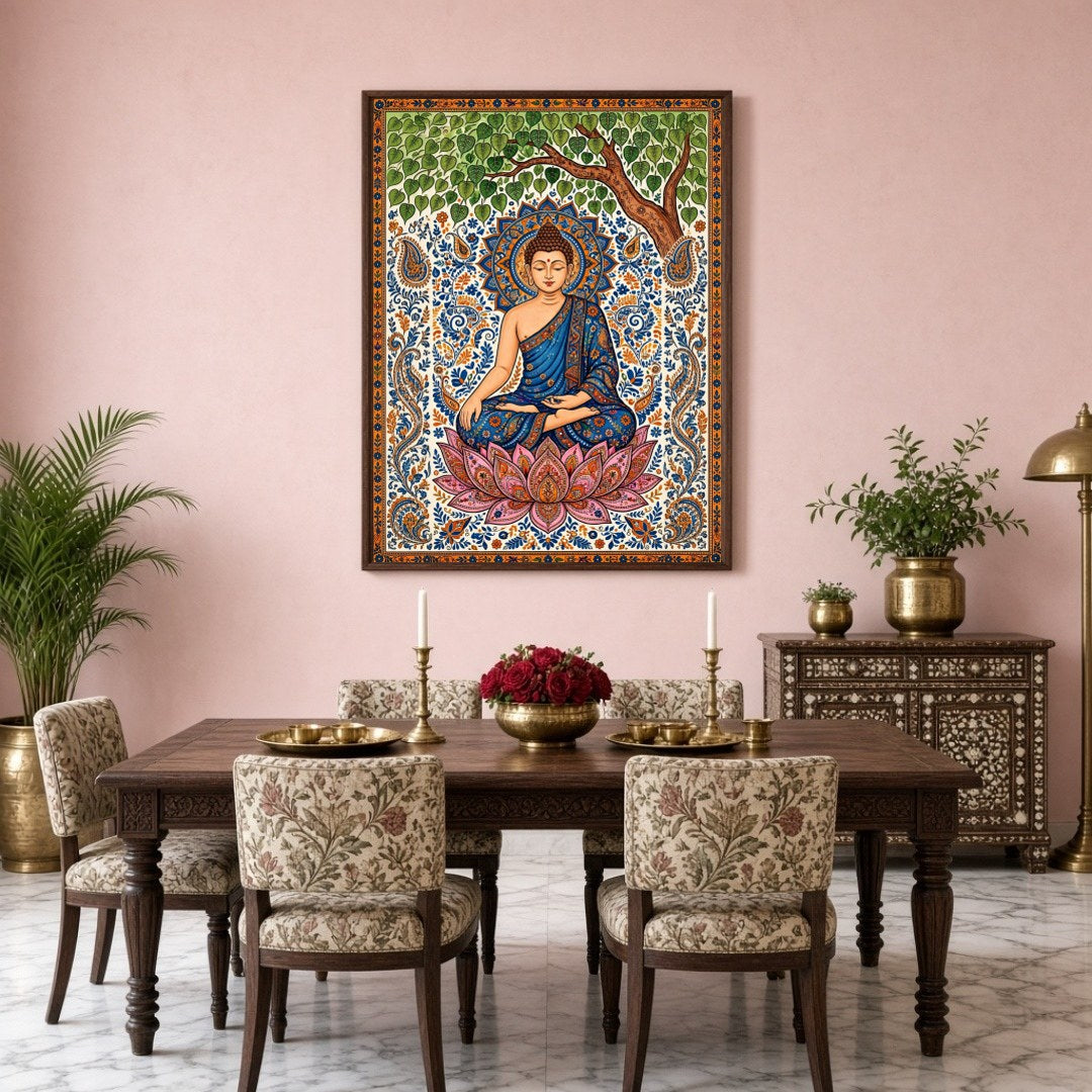 Immerse yourself in the tranquility and grace of Lord Buddha as he meditates under a lush tree, for Dining
