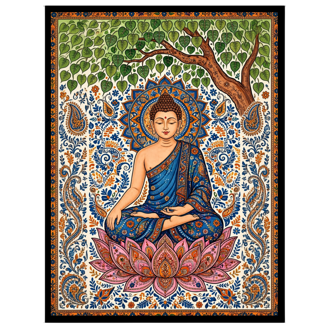 Immerse yourself in the tranquility and grace of Lord Buddha as he meditates under a lush tree, for dwelling