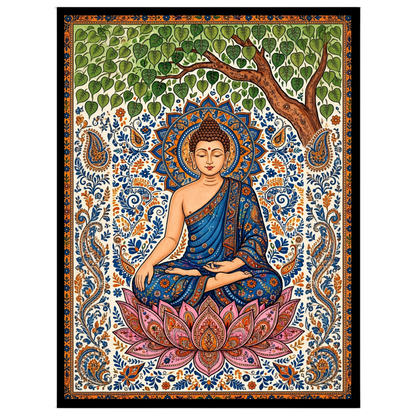 Immerse yourself in the tranquility and grace of Lord Buddha as he meditates under a lush tree, for dwelling