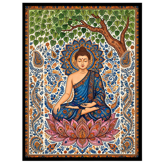 Immerse yourself in the tranquility and grace of Lord Buddha as he meditates under a lush tree, for dwelling