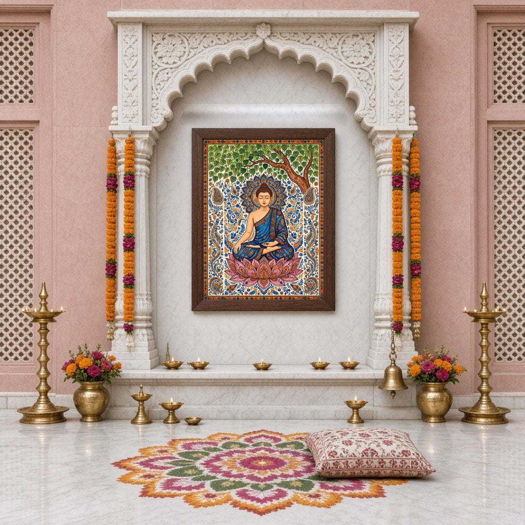 Immerse yourself in the tranquility and grace of Lord Buddha as he meditates under a lush tree, for Home Temple