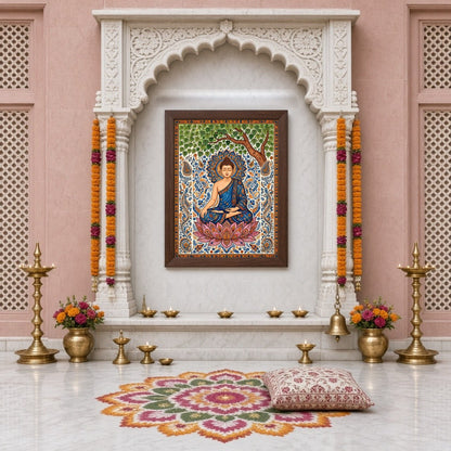 Immerse yourself in the tranquility and grace of Lord Buddha as he meditates under a lush tree, for Home Temple