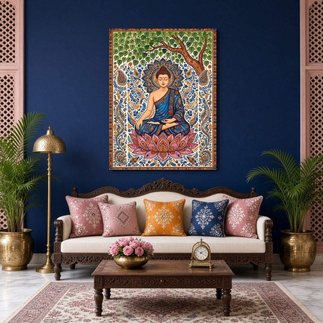 Immerse yourself in the tranquility and grace of Lord Buddha as he meditates under a lush tree, for Living Room