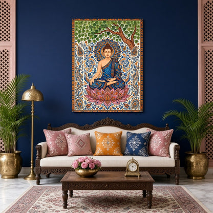 Immerse yourself in the tranquility and grace of Lord Buddha as he meditates under a lush tree, for Living Room
